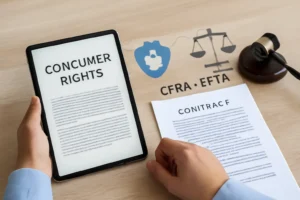 Person reviewing 'Consumer Rights' document on a tablet next to a printed contract, with legal icons representing data security, balance scales, and consumer protection laws (CFRA, EFTA).
