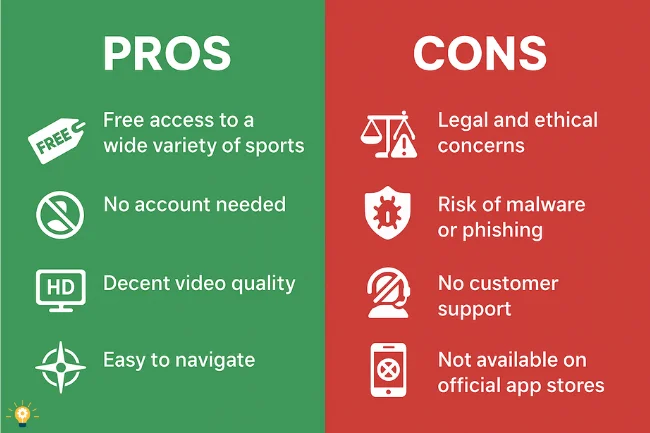 Split-screen infographic showing pros and cons of the StreamEast app, with green icons for benefits like free access and HD quality, and red icons for risks like legal issues and malware