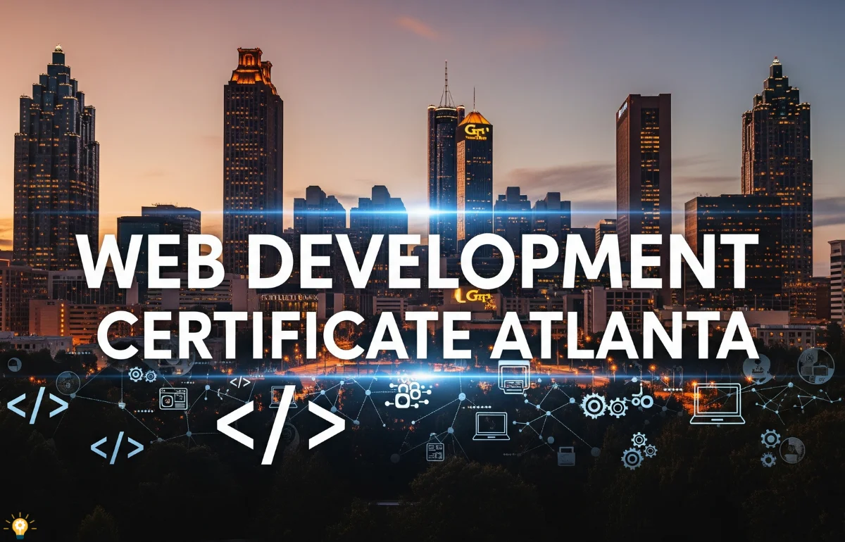 Web development certificate Atlanta – View of Atlanta skyline with tech icons and coding symbols, showcasing the opportunity to earn a web development certificate in Atlanta.