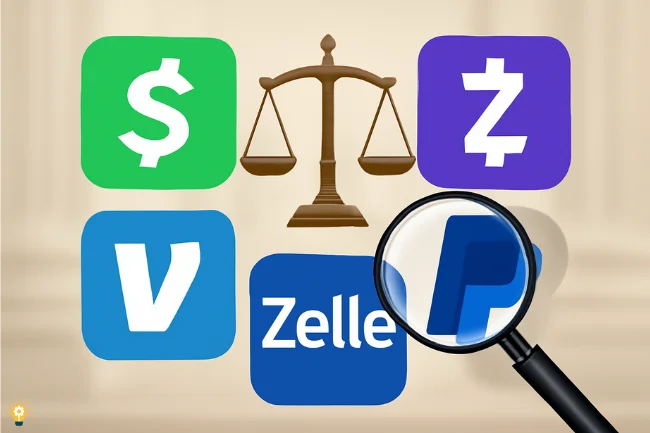 Illustration of Cash App settlement with digital payment platform logos (Cash App, Venmo, Zelle, PayPal) and legal elements like scales of justice and a magnifying glass symbolizing scrutiny.