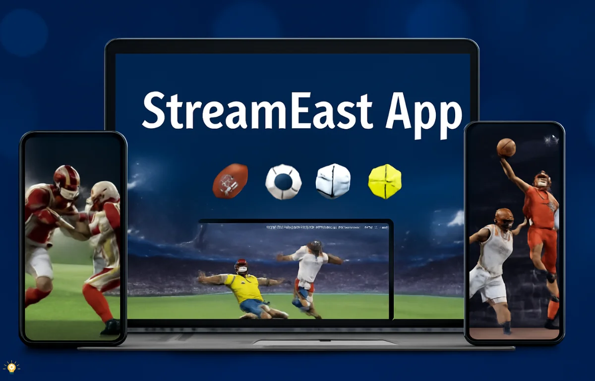 StreamEast App displayed on devices, showcasing live sports streams including football, soccer, and basketball.