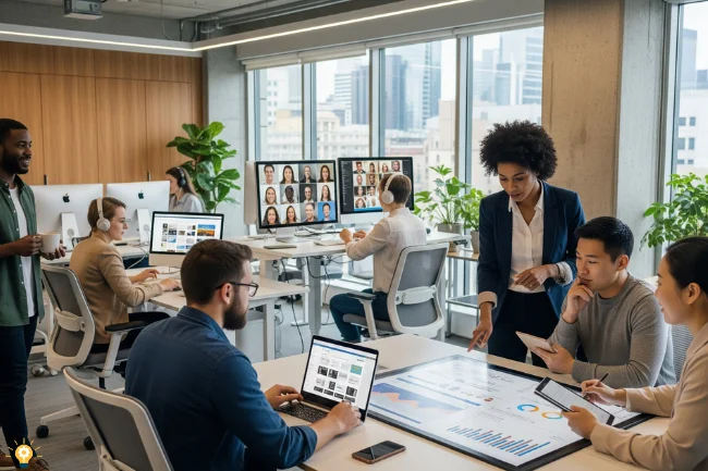 A diverse group of professionals working in a modern office setting. A Caucasian woman is focused on her laptop while an African American man works on a desktop. Two other colleagues collaborate in the background, all within a minimalist and bright workspace.