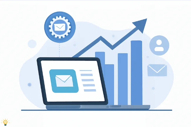 Illustration showing email marketing automation with a laptop, email icons, and growth charts, symbolizing business scaling and automated email strategies.