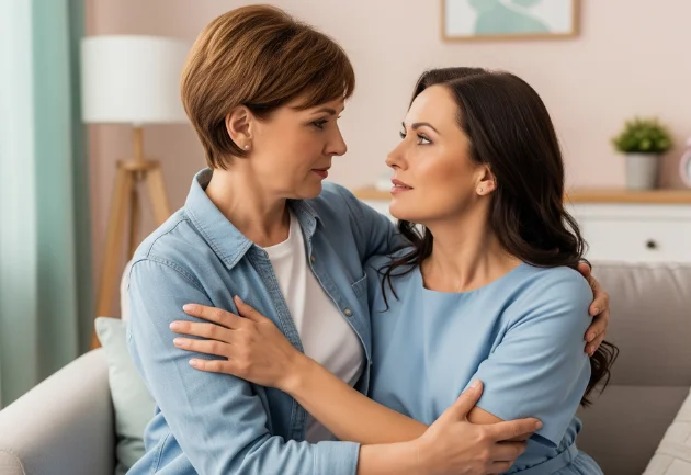 Two women engaged in a heartfelt conversation on a soft gray sofa, showing empathy and emotional connection. One woman reaches out to the other, offering support, as they share a meaningful moment together.