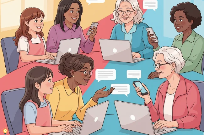 Digital illustration of four diverse women of different ages, each using a digital device while engaging in conversation. The women are depicted against a warm peach background, with icons symbolizing communication, work, and connection above them.
