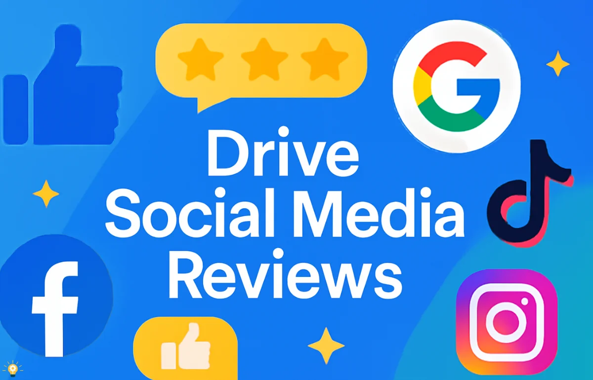 Drive Social Media Reviews with prominent social media platform icons and feedback symbols on a dynamic blue background.