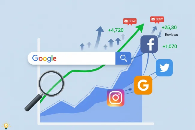 SEO and social media icons with a growth graph, representing the impact of social media reviews on SEO improvement and visibility.