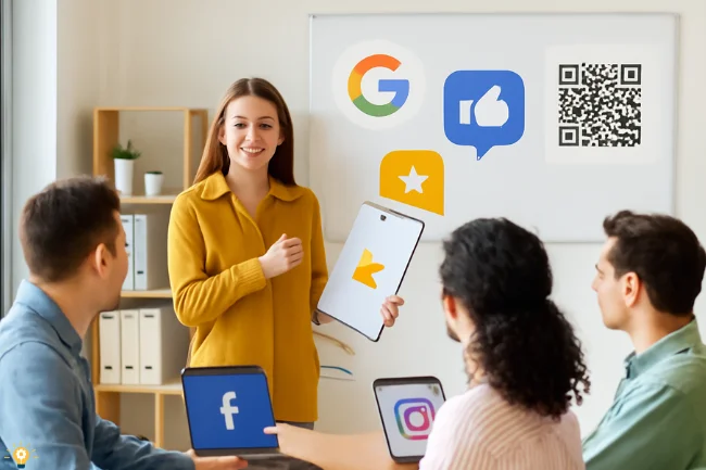 Business team in a training session learning how to request social media reviews, with social media icons, QR codes, and review symbols on display.