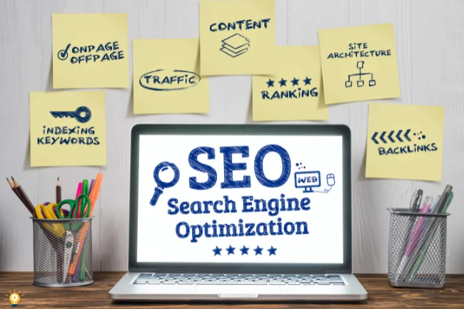 SEO search engine optimization concept with charts, keywords, and digital marketing elements for website ranking improvement.