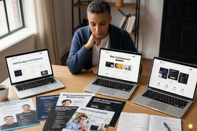 A young African American man sitting at a desk, thoughtfully reviewing colorful flyers about web development programs, representing the process of choosing the right program.