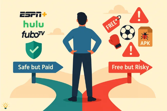 Illustration of a man standing at a fork in the road, choosing between 'Safe but Paid' streaming options like ESPN+, Hulu, and FuboTV on the left, and 'Free but Risky' options with warning signs, sports icons, and APK symbols on the right.
