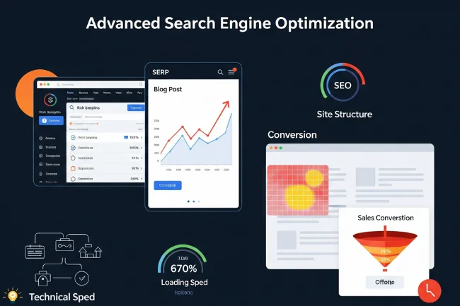 Visual representation of Search Engine Optimization with SERP preview, keyword analysis, blog performance graph, and conversion funnel.