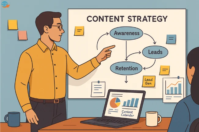 Content marketing manager outlining strategic content plan on whiteboard with SEO and branding goals.