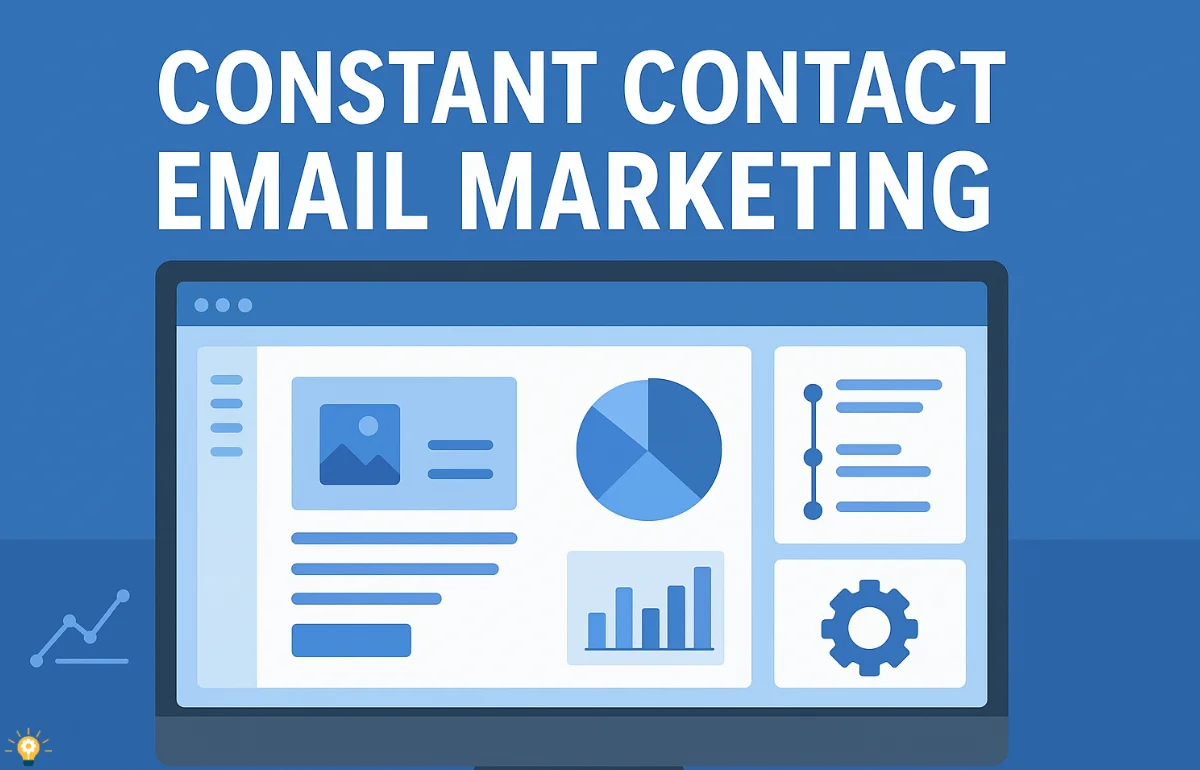 Illustration of constant contact email marketing dashboard with charts, templates, and automation tools on a computer screen.