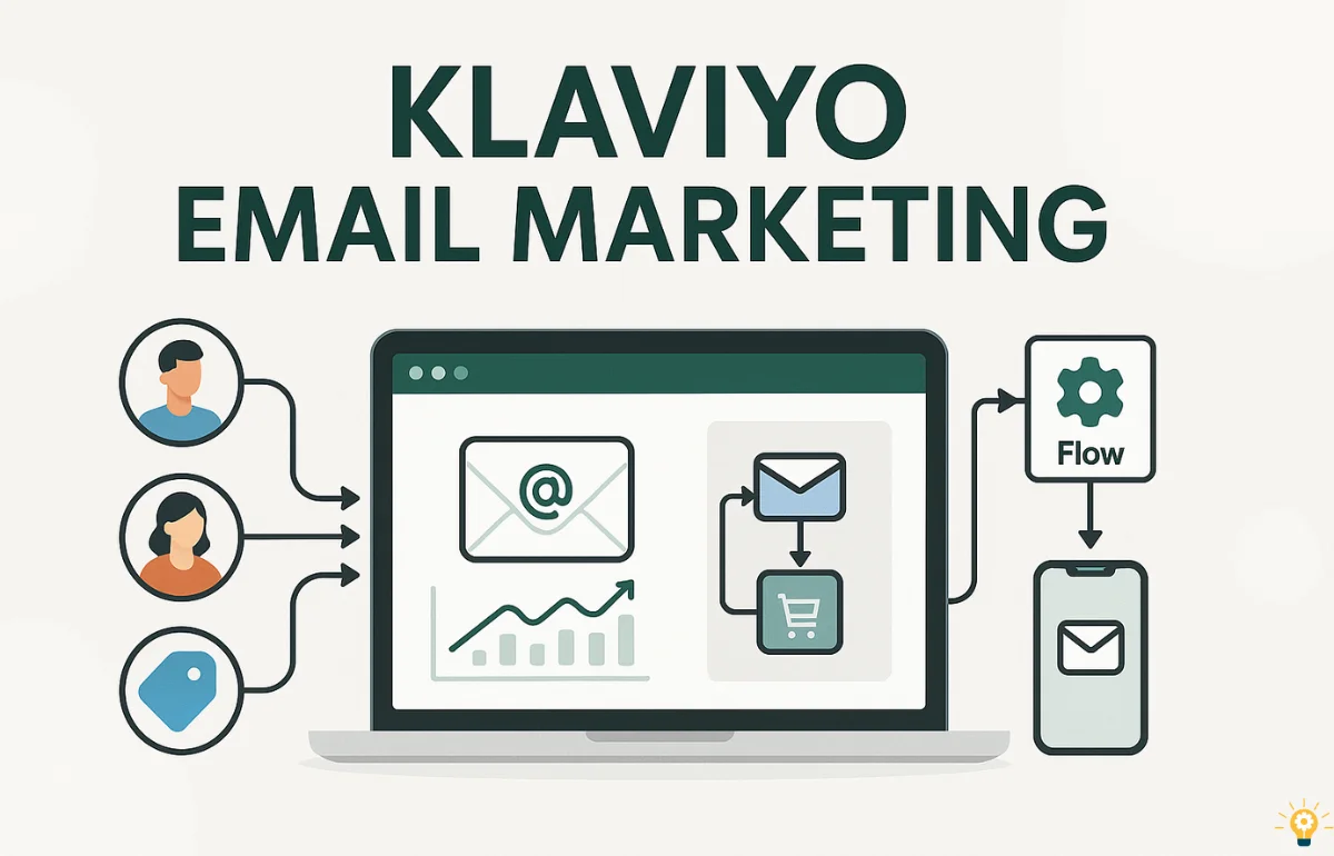 Illustration of Klaviyo Email Marketing showing customer segmentation, email automation flow, and eCommerce integration on a laptop and mobile screen.