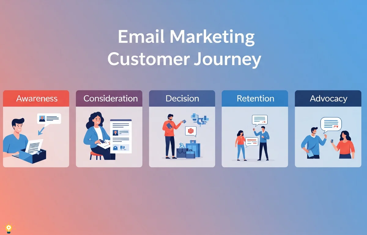 Flowchart illustrating the stages of the email marketing customer journey, from awareness to advocacy.