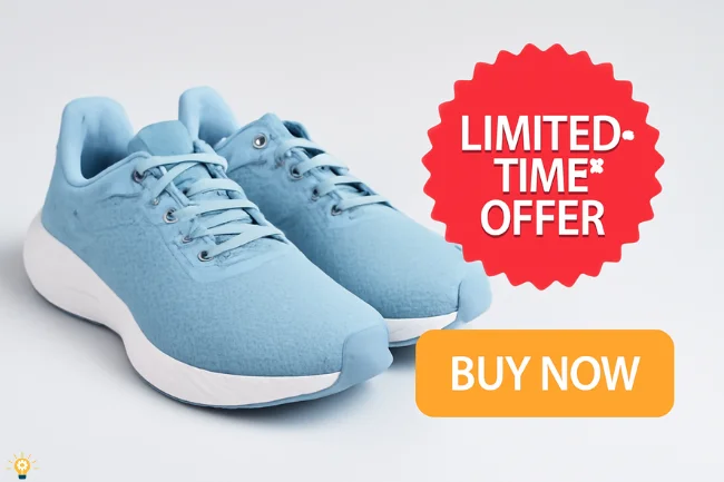 Light blue athletic shoes with a 'LIMITED-TIME OFFER' badge and 'BUY NOW' button, emphasizing urgency for purchase.