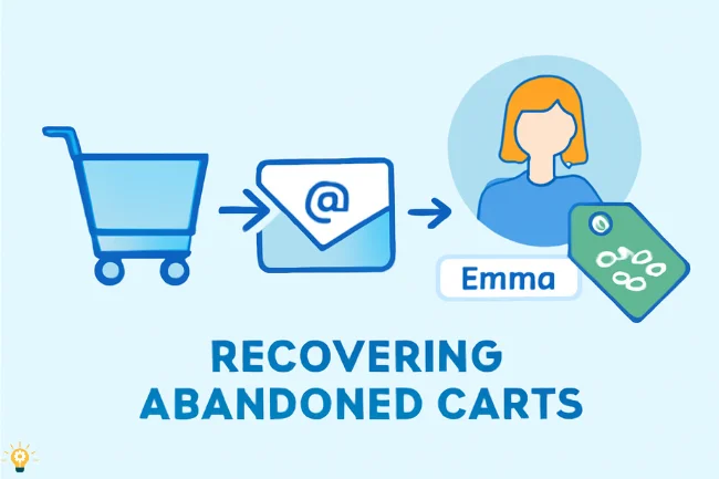 Illustration depicting the process of recovering abandoned carts with Klaviyo Email Marketing, showing a shopping cart, email trigger, customer profile, and a discount offer.
