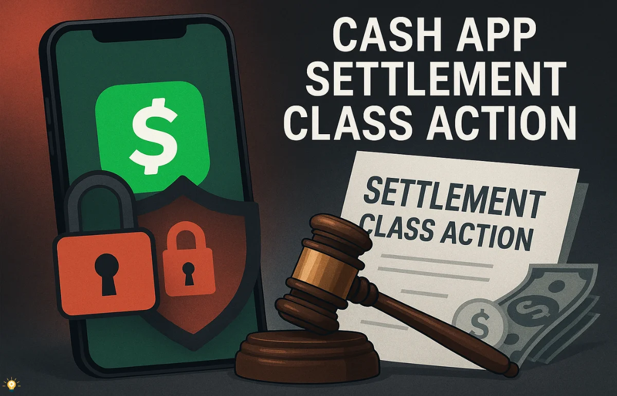 Illustration showing a mobile phone with Cash App logo, padlocks, a legal document labeled "Settlement Class Action," a gavel, and dollar bills—representing the cash app settlement class action.