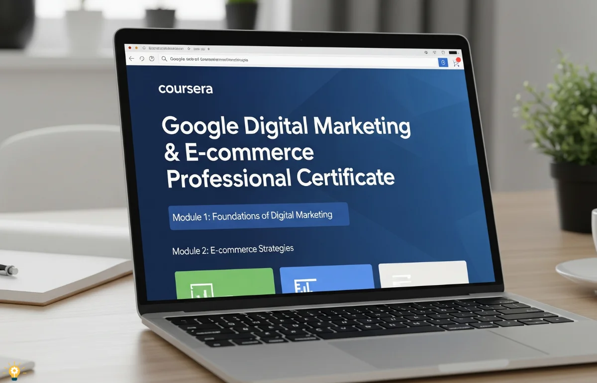 Google Digital Marketing & E-commerce Professional Certificate course page on Coursera, featuring key topics like Email Marketing, Google Ads, and Shopify, with a clean, professional design.