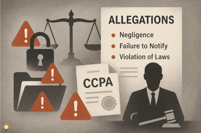 Illustration showing legal allegations in the Cash App settlement class action, including tilted scales of justice, warning icons, a broken padlock, a CCPA document, and a faceless figure with a gavel—symbolizing negligence and data privacy violations.