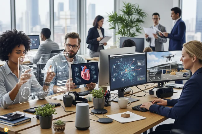 Four diverse professionals working in a modern office environment, analyzing data on laptops related to fintech, healthtech, and logistics.