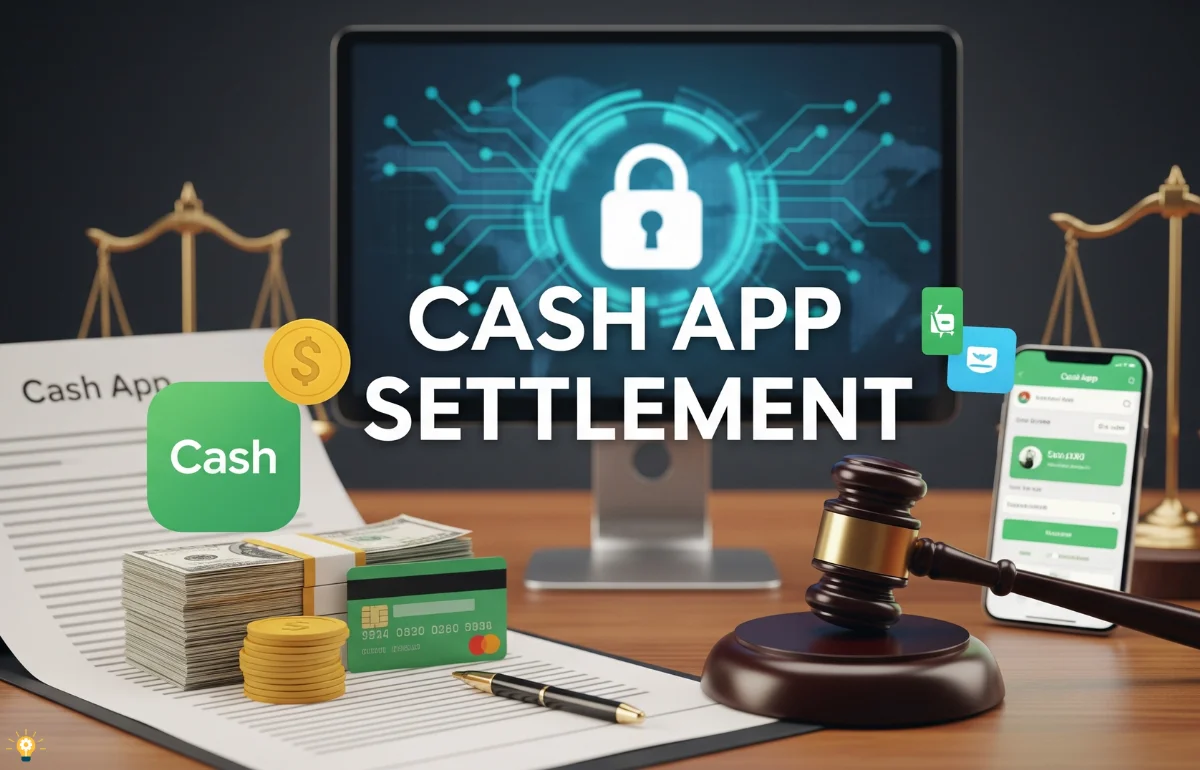 Image showing a Cash App settlement with a legal gavel, smartphone displaying Cash App logo, and a settlement agreement, symbolizing data security and financial compensation.
