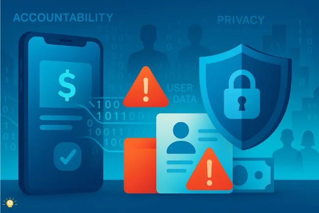 Futuristic illustration showing a mobile banking app, digital data streams, warning icons, user profiles, and a security shield—highlighting the importance of data privacy and accountability in the Cash App settlement class action. Ask ChatGPT 
