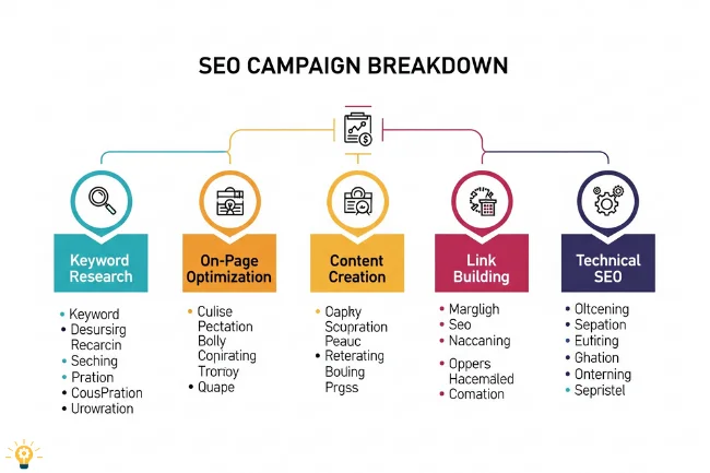 Infographic showcasing the key components of an SEO strategy: keyword research, on-page optimization, content creation, link building, and technical SEO.