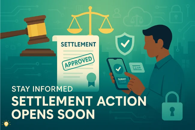 Illustration showing a gavel, approved settlement document, justice scale, and a user submitting a claim on a smartphone—symbolizing the next steps in the Cash App settlement class action. Ask ChatGPT 