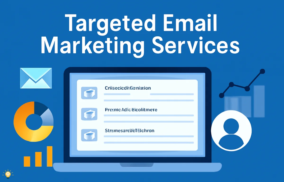 Illustration of targeted email marketing services with email inbox, data charts, and segmentation icons, highlighting personalized email strategies.