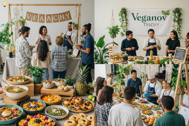 Veganov Trichy community event showing a cooking workshop with people learning about and enjoying vegan food.