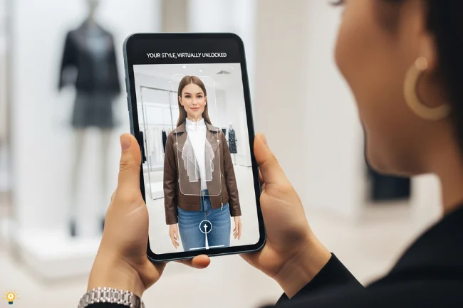 Virtual try-on feature on Fashionisk .com allowing a user to try on clothes virtually using a smartphone.