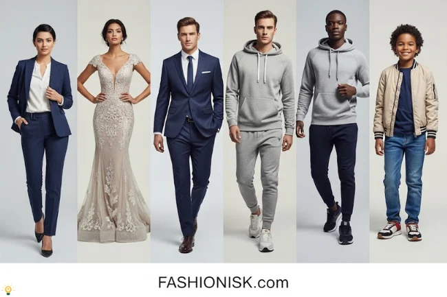 Wide range of fashion for men, women, and children on Fashionisk .com, including office wear, evening gowns, suits, casual outfits, and kids' fashion.