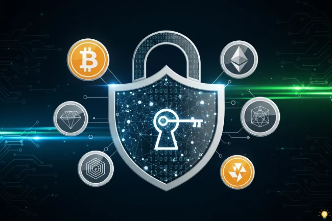 Crypto30x.com Regulation: Cybersecurity illustration with lock, shield, and cryptocurrency icons like Bitcoin and Ethereum symbolizing data protection.