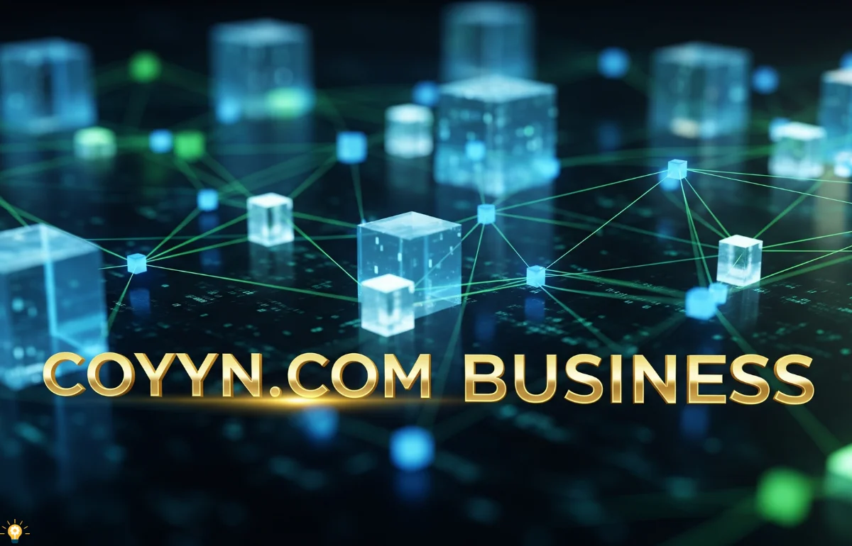 Coyyn.com Business blockchain technology network with decentralized nodes and smart contract visuals.