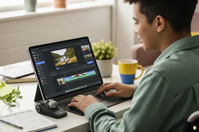 A person confidently editing a video on a laptop, using an intuitive and accessible interface like Adobe Express.