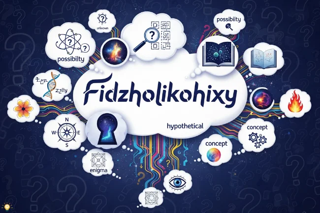 Create a high-quality image of the size 650 × 433 px. Abstract Thought Bubble Design: A series of interconnected thought bubbles or question marks in the background, each containing different abstract symbols, icons, or words that represent various speculative meanings of Fidzholikohixy. The design should convey the idea of exploration and open-ended interpretation, with colorful and dynamic symbols spilling out from the central term.