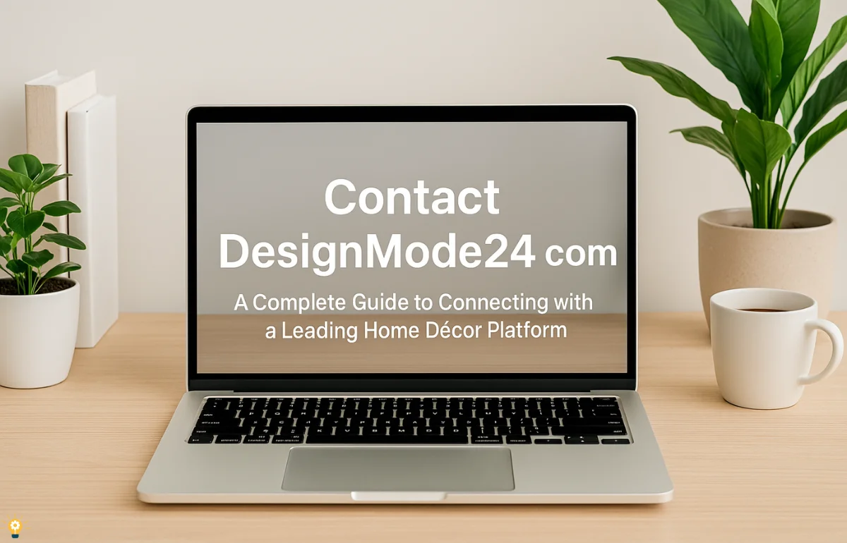 A modern living room with a laptop on a coffee table, displaying the Contact DesignMode24.com page.