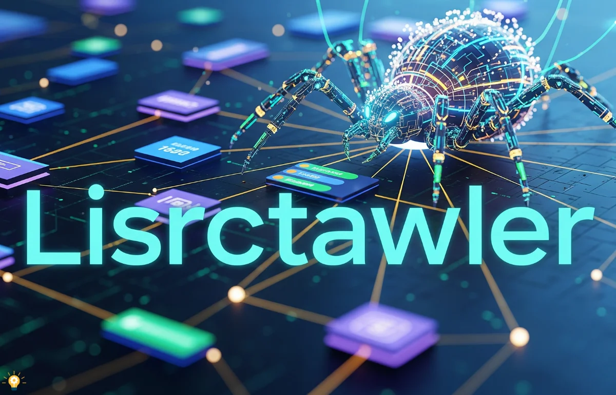 A glowing, futuristic digital spider-like bot, representing a Lisrctawler, crawling across a network of data nodes.
