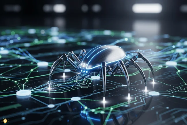 A sleek, futuristic Lisrctawler bot crawling across a glowing digital web of data.
