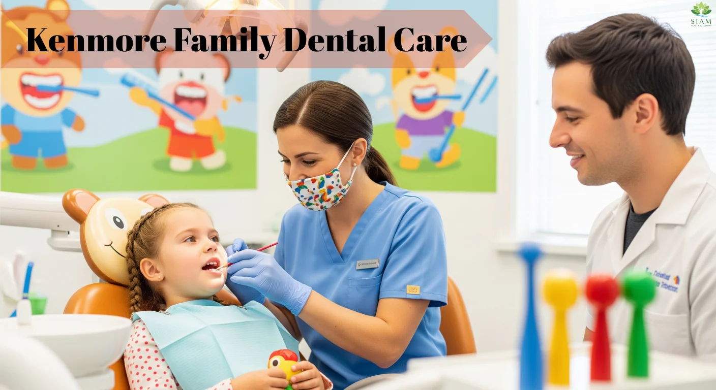 A young girl receiving dental care from a pediatric dentist and a dental hygienist at Kenmore Family Dental Care, showcasing a friendly, professional dental experience.