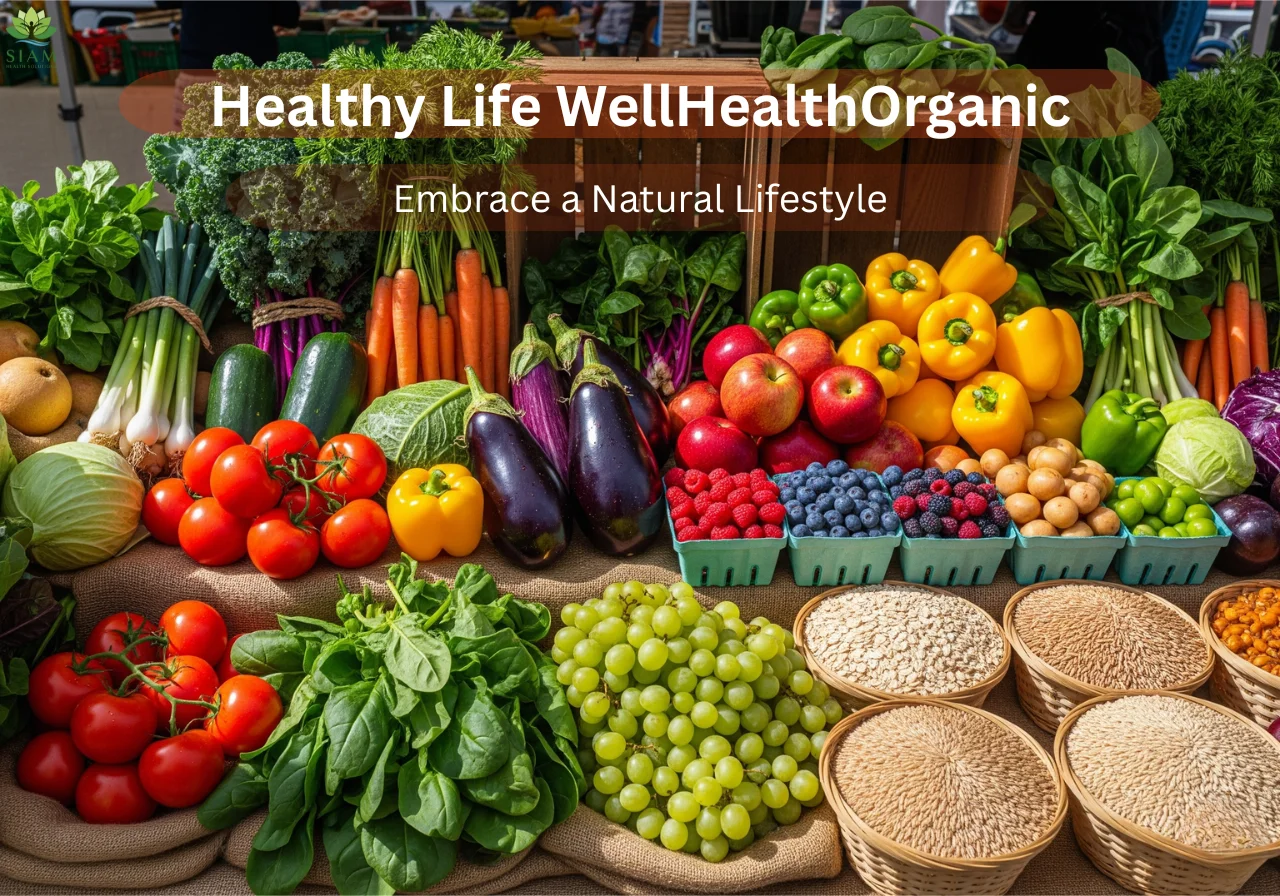 Vibrant display of organic produce, including fresh berries, leafy greens, and root vegetables, arranged to represent a Healthy Life WellHealthOrganic lifestyle.