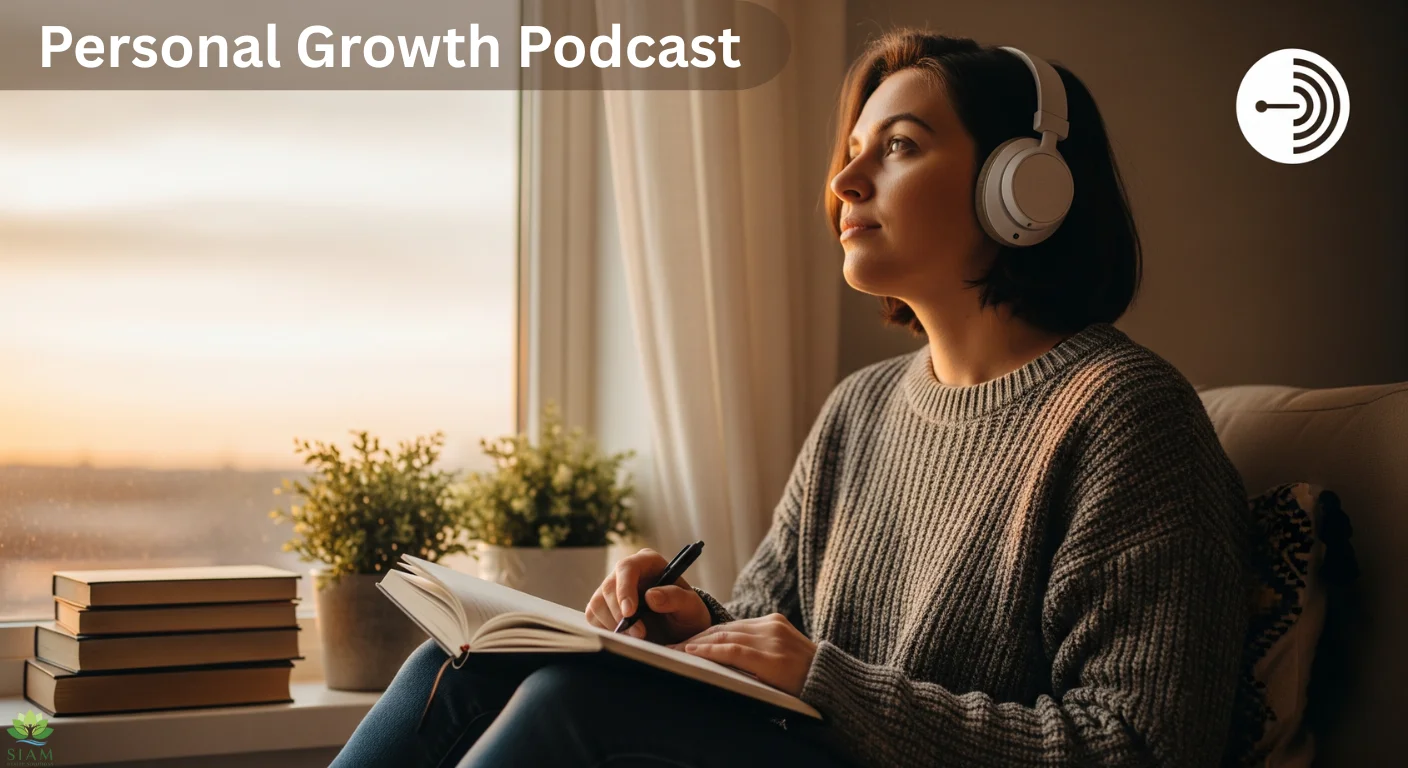 Person listening to a Personal Growth Podcast while reflecting, holding a notebook in a cozy room, with bold 'Personal Growth Podcast' text in the background.