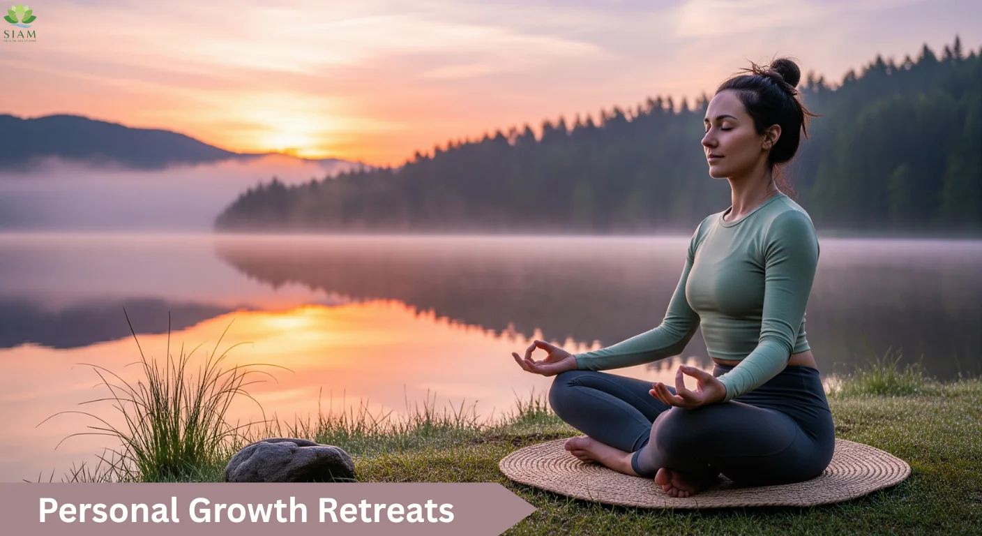 Group of people sitting in a circle at a personal growth retreat, engaging in a mindful and peaceful discussion in a serene outdoor setting, with the text 'Personal Growth Retreats' prominently displayed.