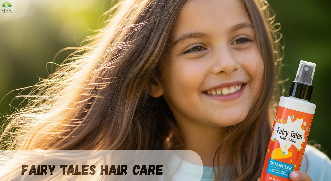 Mother and daughter using Fairy Tales Hair Care Super-Charge Detangling Spray, with the product visible and vibrant peach background, highlighting the gentle and effective hair care solution.Mother and daughter using Fairy Tales Hair Care Super-Charge Detangling Spray, with the product visible and vibrant peach background, highlighting the gentle and effective hair care solution.