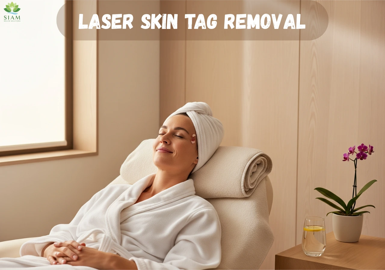 Young woman relaxing in a spa-like setting with smooth, glowing skin, featuring bold text 'Laser Skin Tag Removal