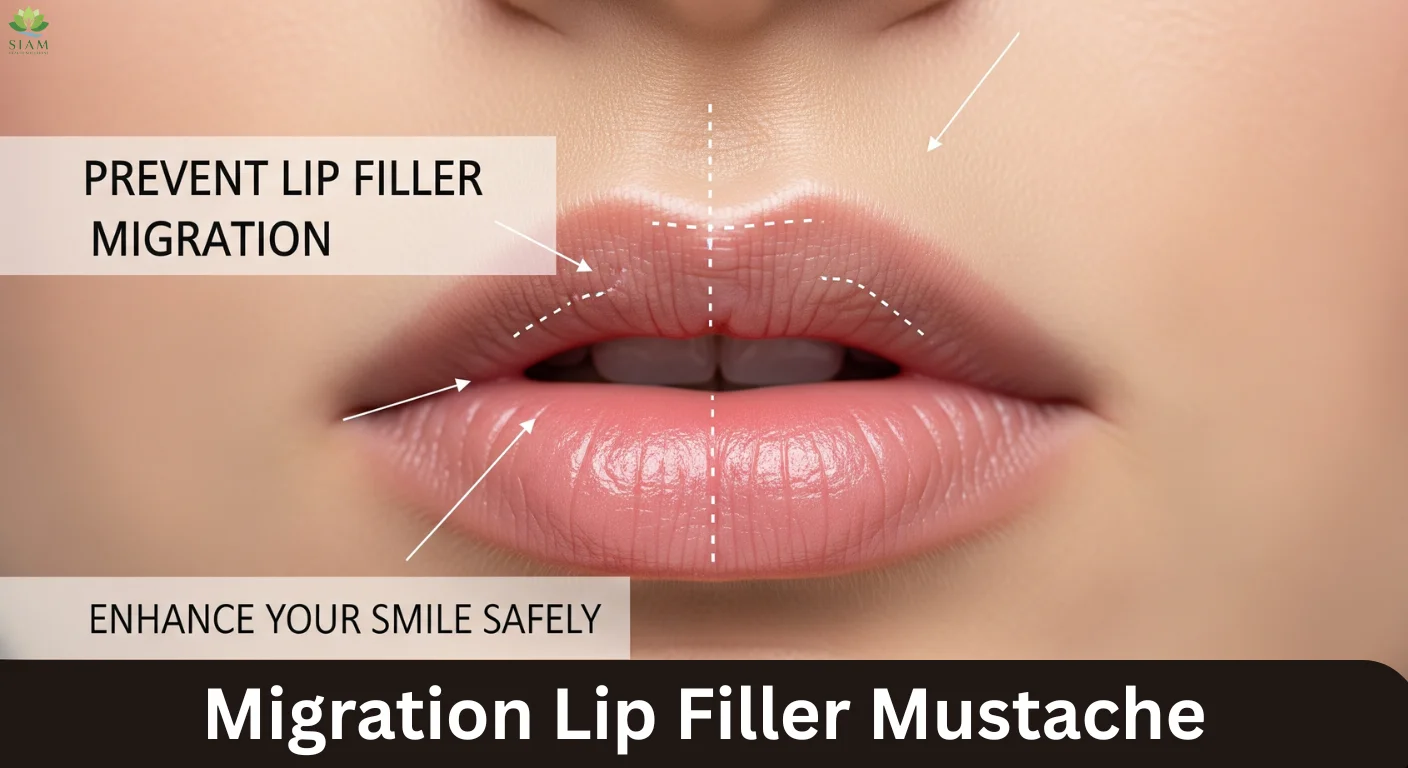 Close-up of a woman's lips with subtle enhancement, showing migration lip filler mustache and graphic lines indicating filler movement above the upper lip.