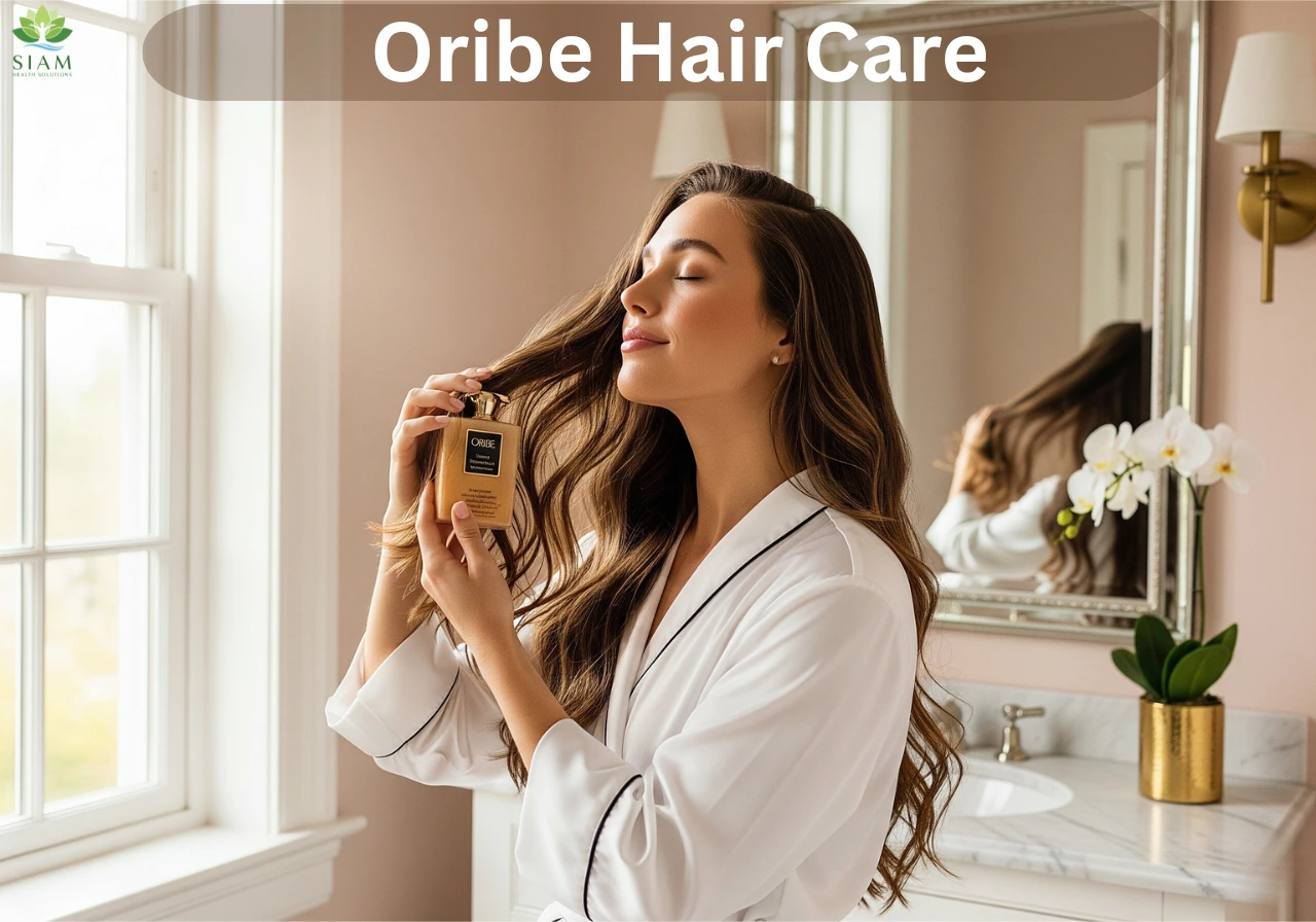 A woman with shiny, healthy hair using Oribe Curl Gloss Hydration & Hold in a serene bathroom setting, showcasing luxurious haircare results.