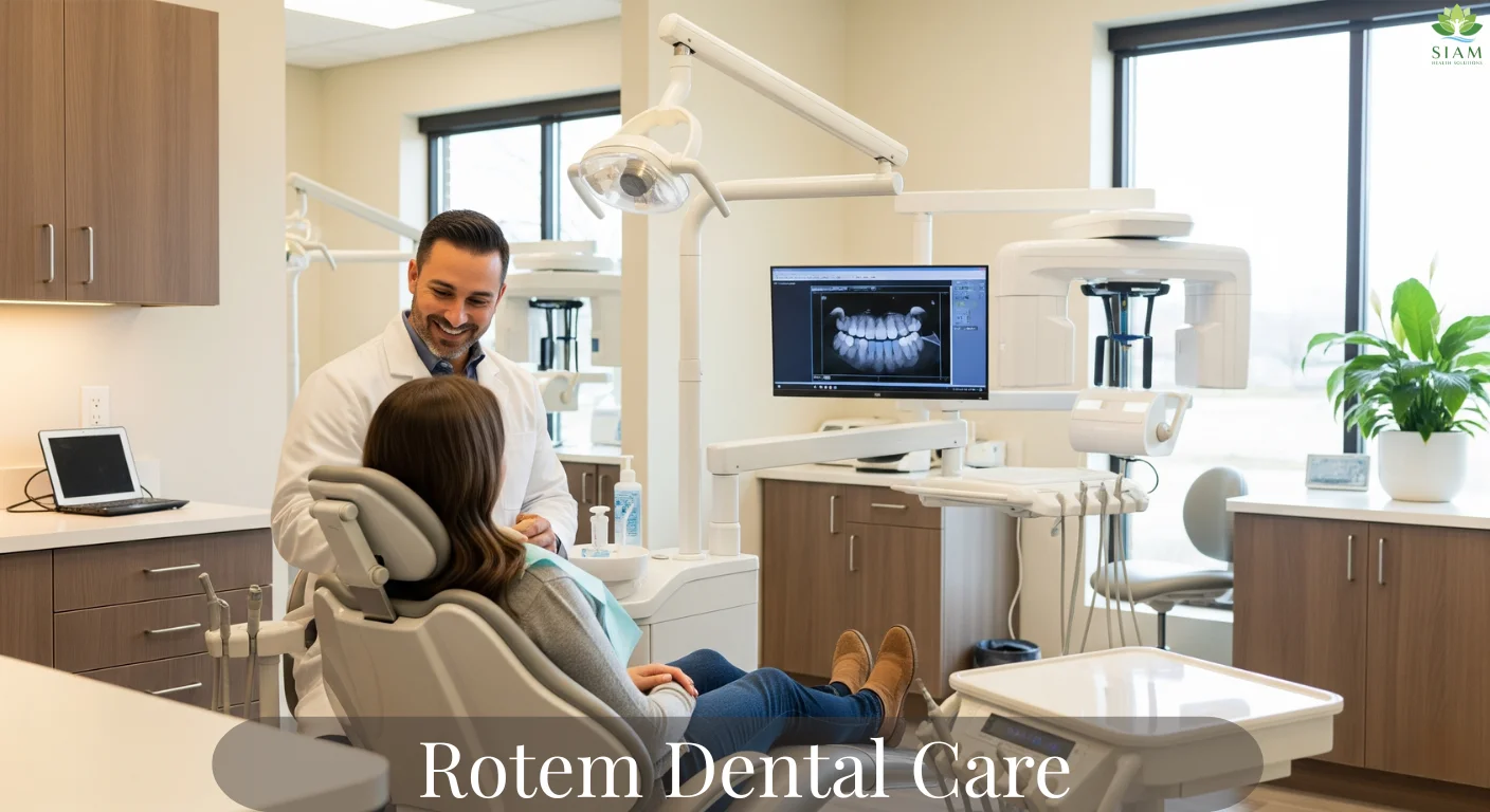 Friendly dentist interacting with a smiling patient in a modern dental office with advanced equipment at Rotem Dental Care.